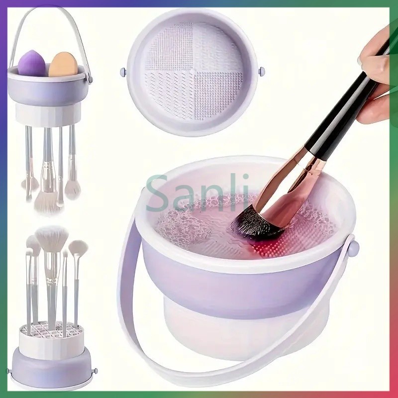 Sanli เครื่องทำความสะอาดแปรงแต่งหน้าซิลิโคน 3-in-1 เครื่องมือทำความสะอาดแปรงแต่งหน้า สะดวก ใช้งานง่าย