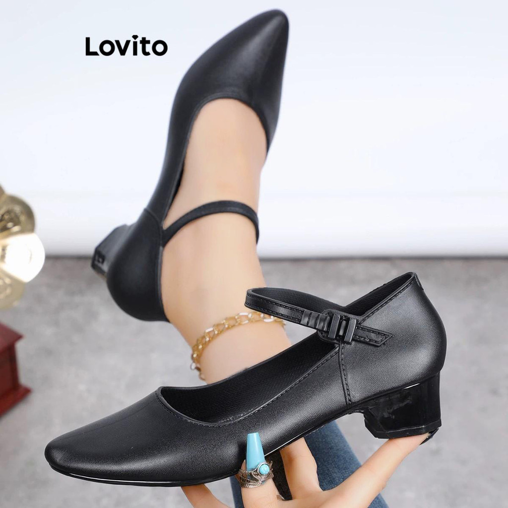 Lovito สง่างามธรรมดาชี้บล็อกส้นสบายสวมใส่ด้านนอกปากตื้นหนึ่งคําเข็มขัดรองเท้าส้นสูงสําหรับผู้หญิง  LFA64236