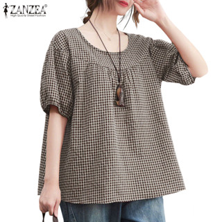 Zanzea เสื้อเบลาส์พิมพ์ลายตาราง O-คอแฟชั่นเกาหลีผู้หญิง