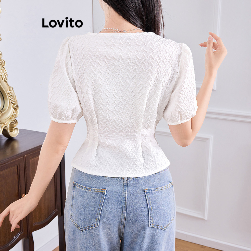 (Trendy) Lovito เสื้อลําลองปุ่มธรรมดาจีบพื้นผิวฤดูใบไม้ผลิและฤดูร้อนเสื้อผู้หญิง L121AD1118