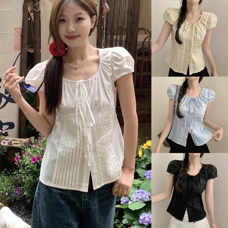 เสื้อเชิ้ตสีขาวผู้หญิง แขนพอง แขนสั้น เสื้อท็อป หน้าร้อน บางเบา หลวม เสื้อเชิ้ตไซส์เล็ก สไตล์ฝรั่งเศส#W569