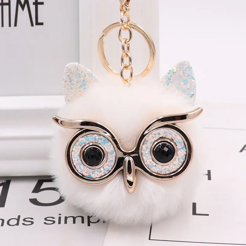 Owl Plush Keychain Cute Fluffy Big Eyes Glitter Charm Bag Pendant Car Animal Women's Gifts Trinket B
