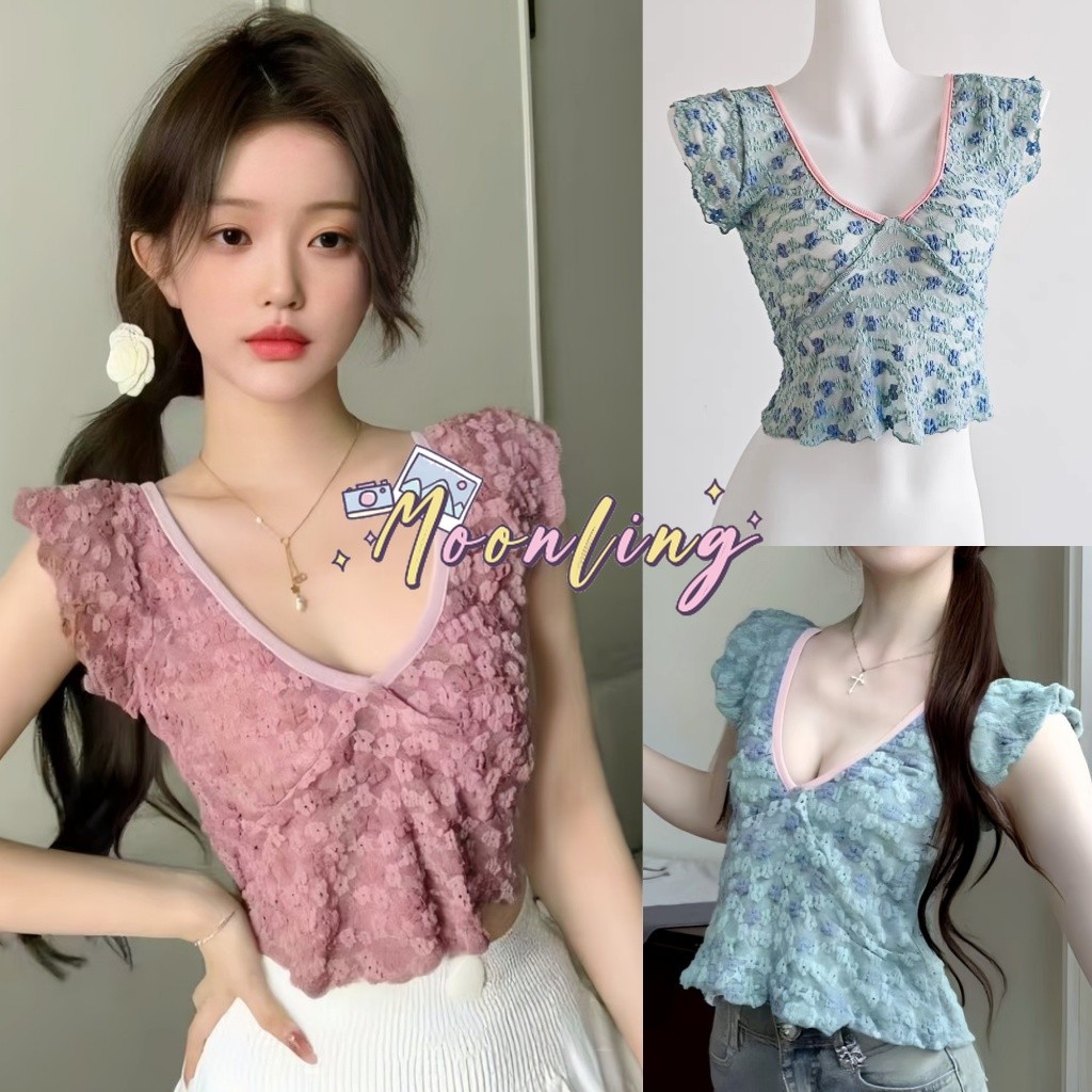 🌜Moonling🌛พร้อมส่งจากไทย เสื้อไหมพรมแขนสั้น คาวาอี้ คอวี ดีเทลลายดอกไม้สีพาสเทลน่ารักใส่ง่าย เข้ารูป *U232*