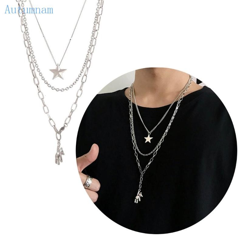 Autu หญิง Star Bear Tassels Collarbone Chain นักเรียนสร้อยคอโลหะสามชั้น