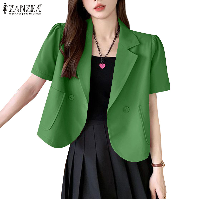 ZANZEA ใส่ ซานเซีย ผู้หญิงเกาหลีที่สง่างามพัฟแขนกระเป๋าโค้ง มิ้ม เสื้อเบลเซอร์