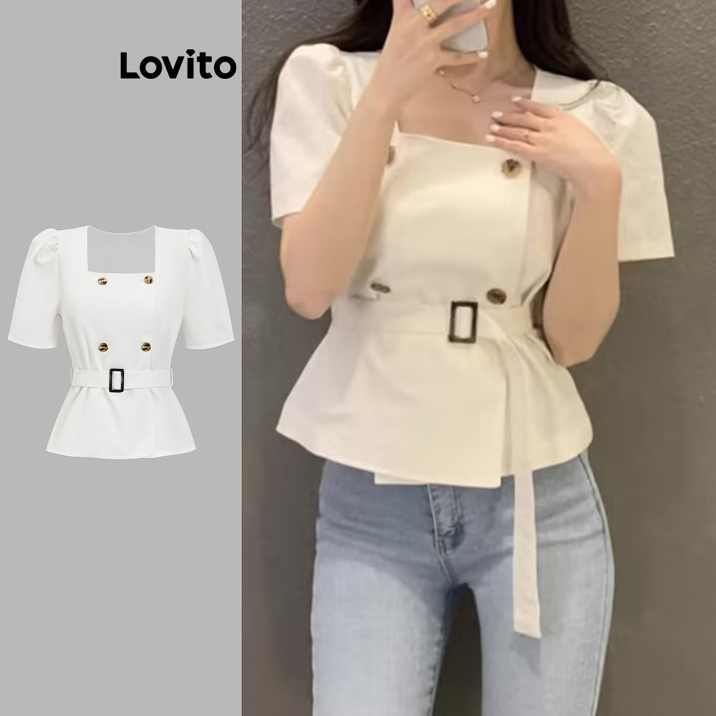 Lovito เสื้อเบลาส์ผู้หญิง มีกระดุมด้านหน้า มีสายผูก สีพื้น สไตล์หรูหรา L86ED424