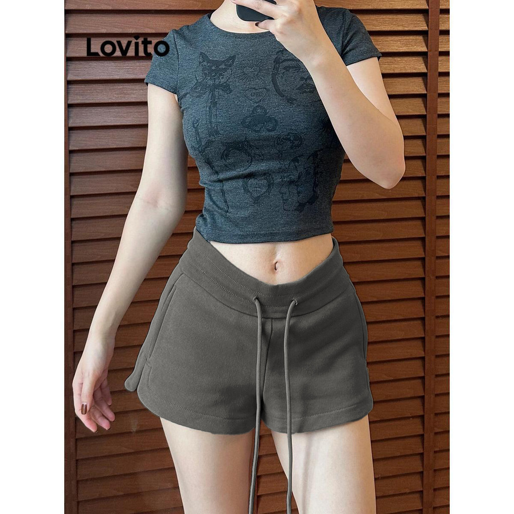 Lovito กางเกงขาสั้นผู้หญิง เชือกรูด สีพื้น สไตล์ลำลอง LNA57015