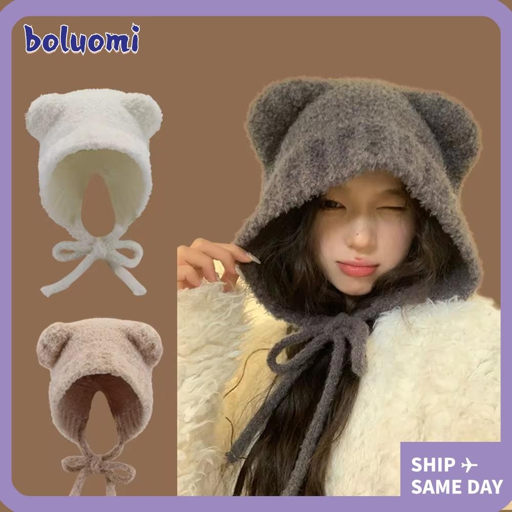 Boluomi ถักหมวกเครื่องบินทิ้งระเบิด, พร้อมเชือกป้องกันหูหมวกขนสัตว์หูหมี, น่ารัก Y2k Warm Lace up หมวกฤดูหนาว
