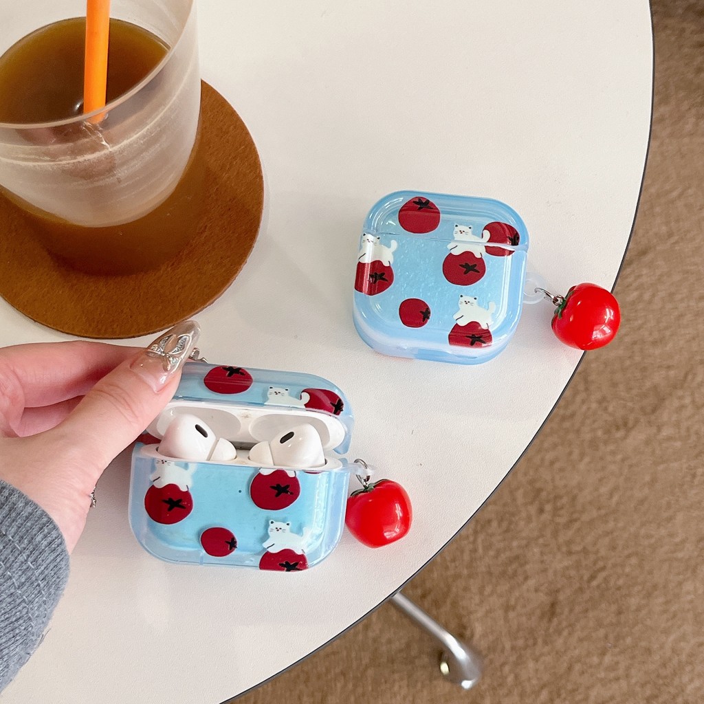 มะเขือเทศแมวการ์ตูนสแควร์กรณีเข้ากันได้สําหรับ แอร์พอด AIRPODS 4 PRO1/2/3 PRO2 ไร้สายบลูทูธหูฟังกันกระแทกปกนุ่ม ทีพียู ใสป้องกันปลอกกับจี้ - รูปที่ 5