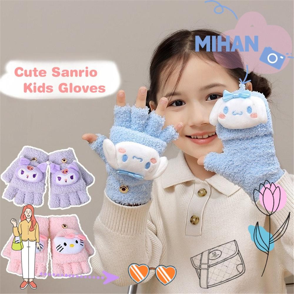 Mh ถุงมือฤดูหนาวสําหรับเด็ก, ถุงมือเขียนนักเรียนลายการ์ตูน Sanrio, Soft Half-Finger Flip Mink ขนแกะถุงมือถักอบอุ่นสําหรับ 8-14 ปี