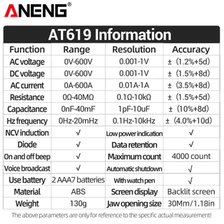 Aneng At619 Clamp Meter Ac Current Voice Broadcast Multimeter Ammeter Voltage Tester Car Amp Hz Capacitance Ncv Ohm Tools Others