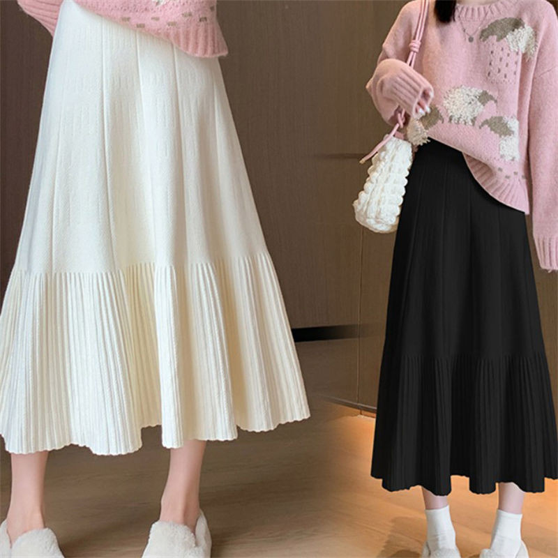 skirt ใบบัวขอบกระโปรงจีบถักกลางความยาวฤดูใบไม้ร่วงและฤดูหนาวสไตล์ใหม่ถัก ก-เส้น หางปลา กระโปรงสําหรับผู้หญิง