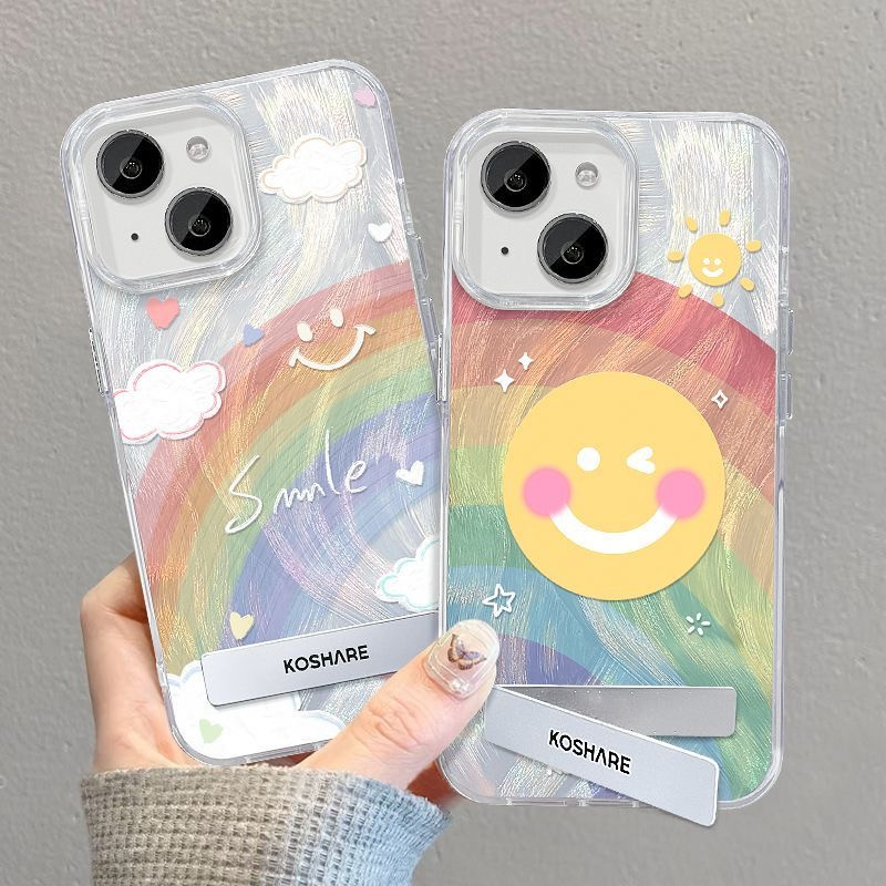 GOOD จากประเทศไทย เคส ไอโฟน ขนนกสีเงิน อ่อนนุ่ม TPU สำหรับ iPhone11 16 15 12 14 13 Pro Max 14PLUS/15PLUSสายรุ้ง รอยยิ้ม