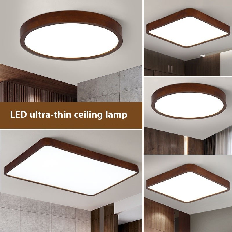 ไม้วอลนัทหรูหราสไตล์ญี่ปุ่นโคมไฟเพดาน LED โมเดิร์นมินิมอลโคมไฟเพดานห้องนอนห้องนั่งเล่นโคมไฟเพดานกลมสี่เหลี่ยม ไฟติดเพดาน