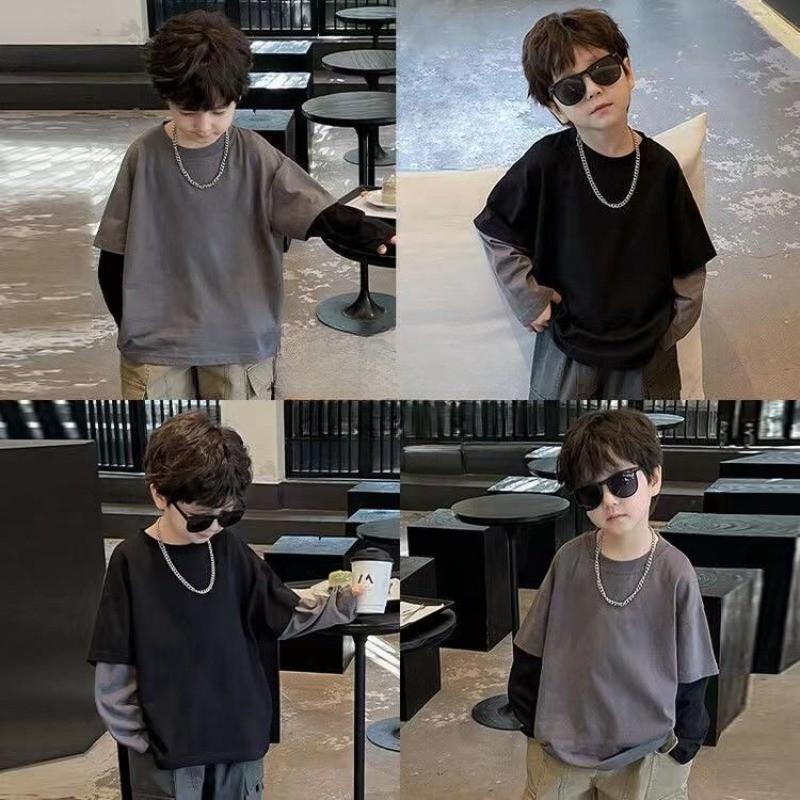 Kid Topscotton Splicing แขนยาวรอบคอธรรมดาเสื้อยืดสไตล์เกาหลี Contrast สีเสื้อยืดแฟชั่นฤดูใบไม้ร่วงเด็กผู้หญิงสวมใส่