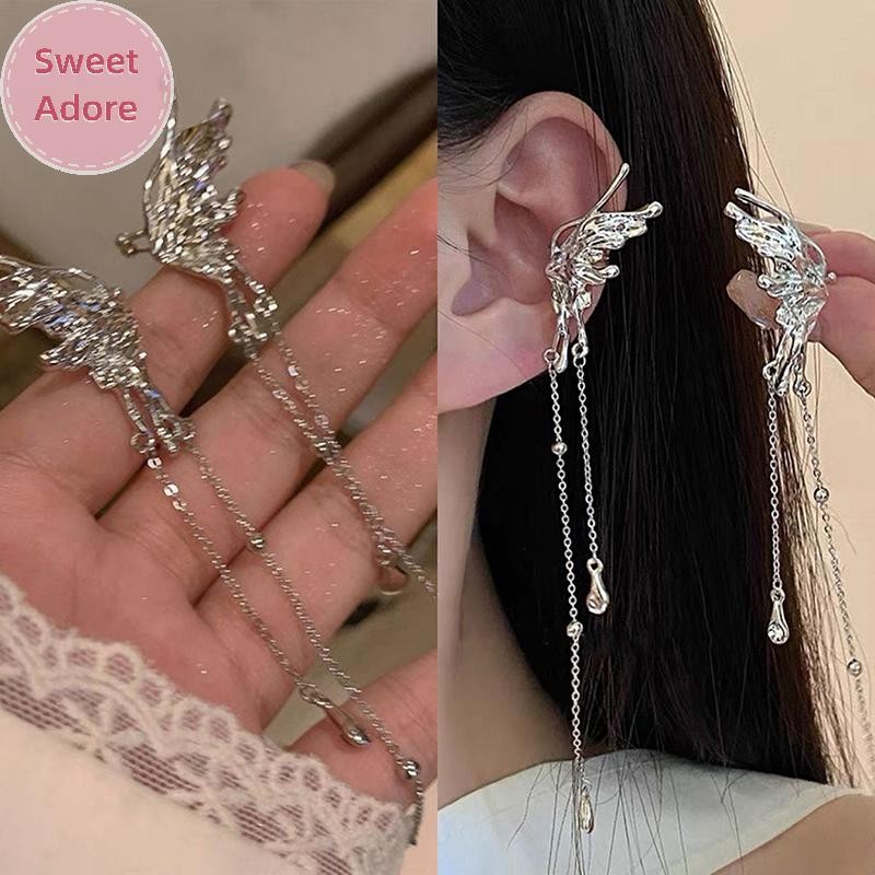 Sweetadore 1 คู่ Angel Wings Liquid โลหะผีเสื้อ sel หู Cuff ไม่ใช่ต่างหูอินเทรนด์ Punk Design หญิงยาวหูคลิปเครื่องประดับ TH