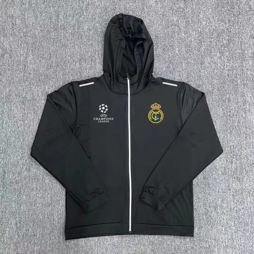 2425มีฮู้ดซิปชุดฝึกซ้อมบาร์เซโลนาแมนเชสเตอร์ซิตี้เรอัลมาดริดเสื้อฟุตบอลแห้งเร็วกีฬาแขนยาวเสื้อสะท้อนแสงชาย