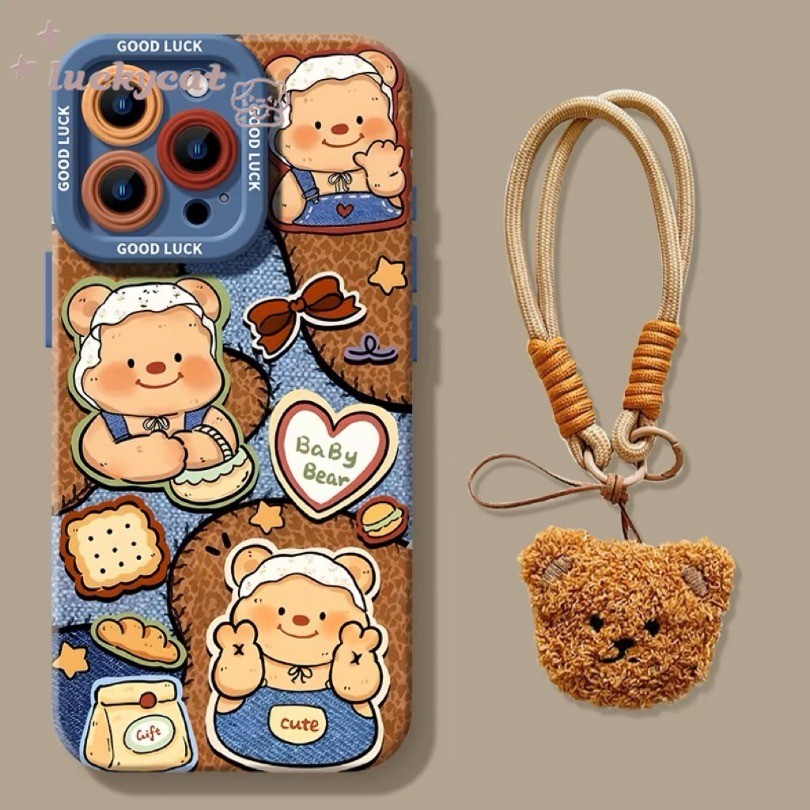 Iphone 16 15 14 13 12 11 Pro Max X Xr Xs Max 7 8 Plus SE2020 เคสโทรศัพท์การ์ตูนน่ารักคุกกี้ขนมปังเนยตุ๊กตาหมี + Lanyard Soft ฝาหลัง