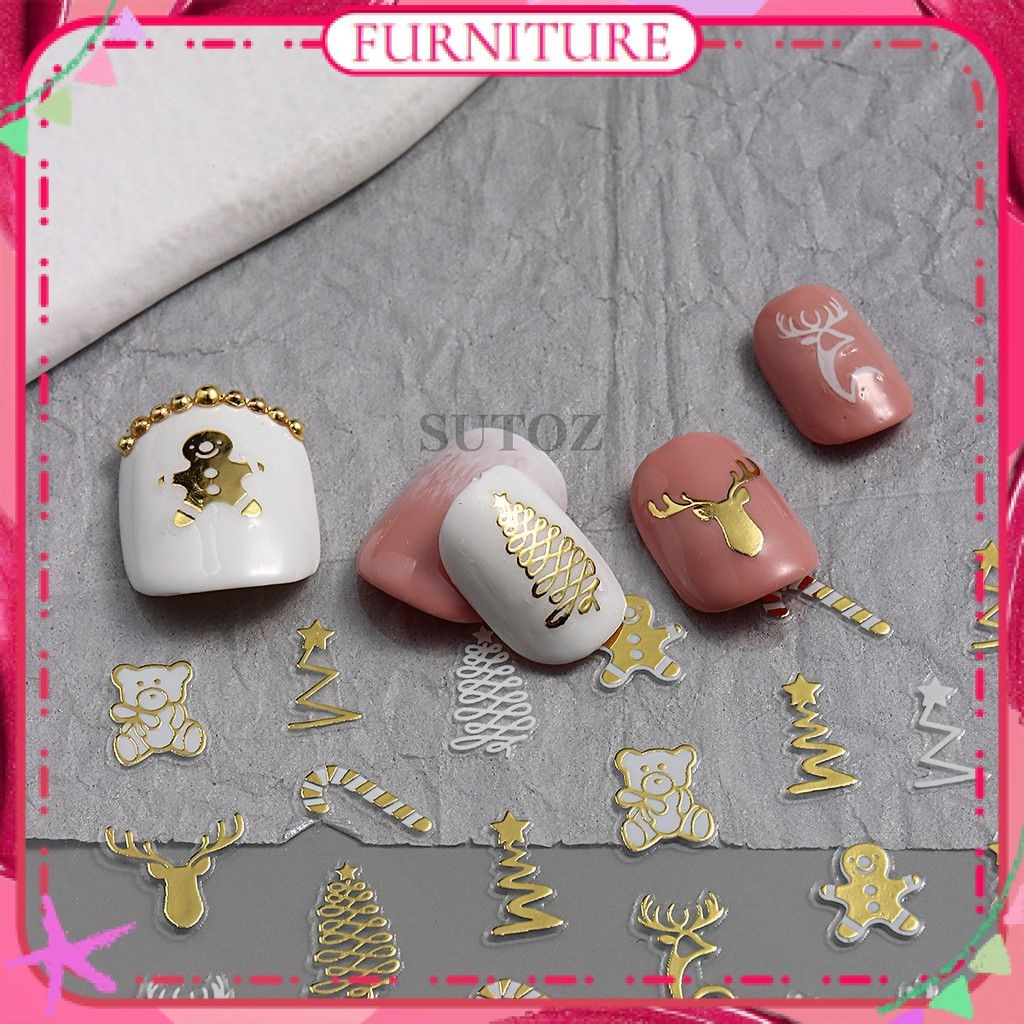 ♕ สติ๊กเกอร์ตกแต่งเล็บลายคริสต์มาส สีทองและสีเงิน เกล็ดหิมะ ต้นคริสต์มาส สติ๊กเกอร์ตกแต่งเล็บ งานปาร์ตี้ อุปกรณ์ทำเล็บสำหรับร้านทำเล็บ เฟอร์นิเจอร์