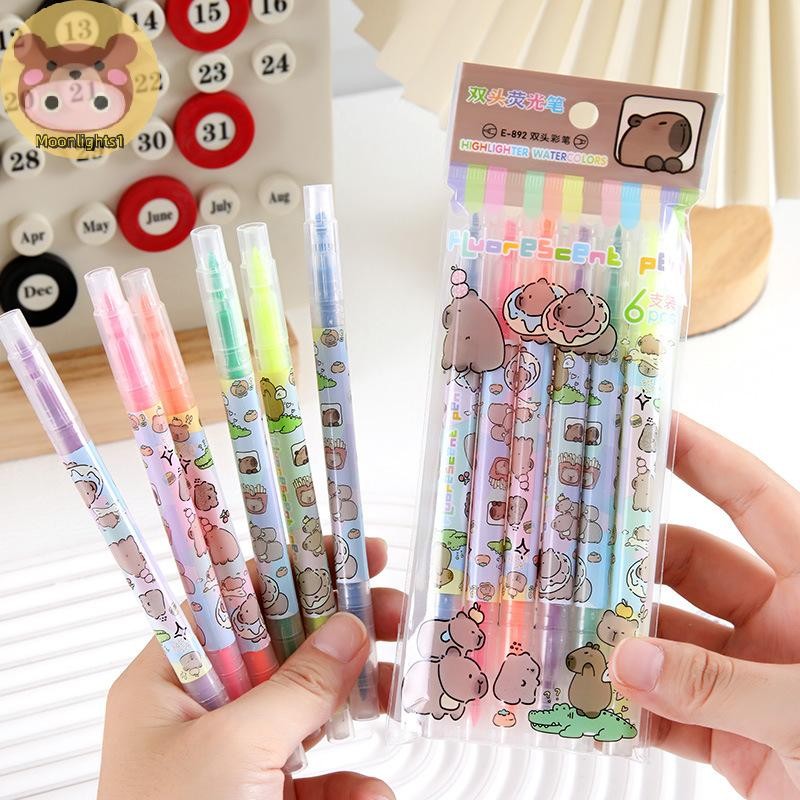 Moonlights1 6 ชิ้นการ์ตูนน่ารัก Capybara สองหัวปากกาเรืองแสงนักเรียนบัญชีมือ Art Marker ชุดปากกานักเรียนเครื่องเขียนของขวัญ EN