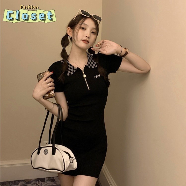 Cilset🌸พร้อมส่ง🌸ผู้หญิงเ ชุดเดรสไหมพรมรัดรูป คอปกลายตารางเก่ๆรูดซิปได้สีพื้นปังๆ /4927-C