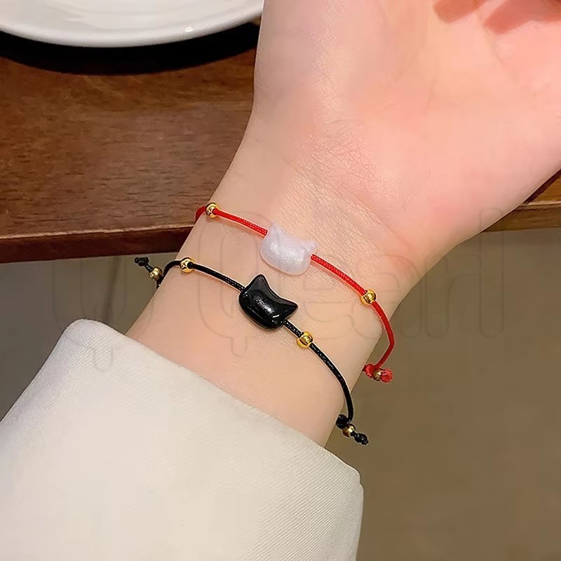 สร้อยข้อมือถักแมวน่ารัก-สีดําสีแดงถักเชือก Jewellery-สร้อยข้อมือทอคิตตี้สีดําสีขาว-แฟชั่น MinimalistCouple อุปกรณ์เสริม-ปรับ Handmade String เครื่องประดับของขวัญ