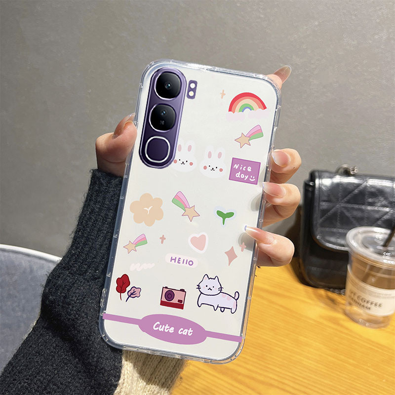 เคสโทรศัพท์ใหม่ VIVO Y200 5G / Y19S / V40Lite 4G 5G แฟชั่น INS การ์ตูนน่ารักแมวกระต่ายรูปแบบโปร่งใสปลอกกันกระแทกแบบนุ่ม VIVOV40Lite