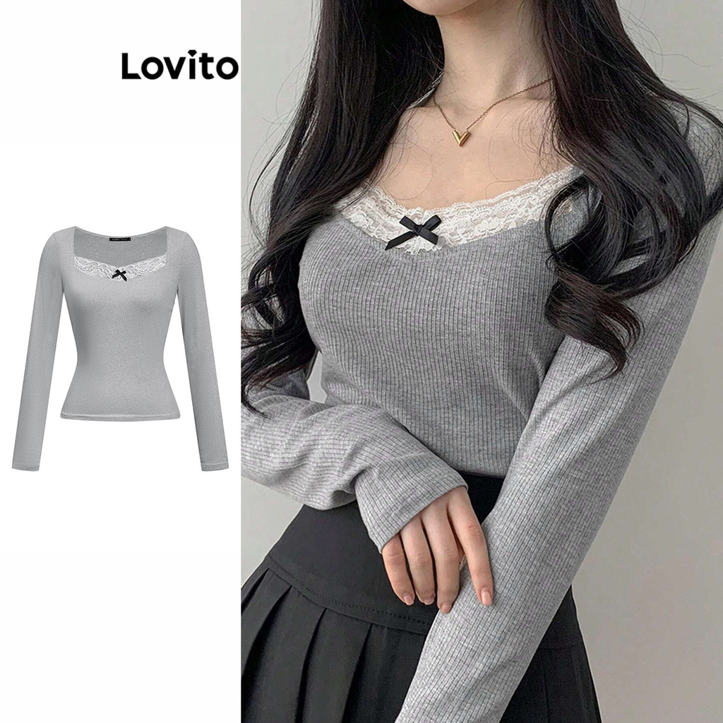 Lovito เสื้อยืดคอปกลูกไม้สีตัดกันผูกโบว์แบบลำลองสำหรับผู้หญิง L110AD244