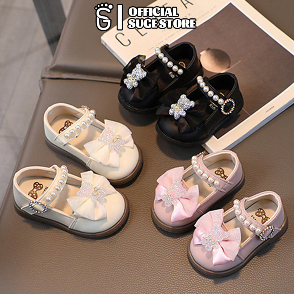 SUGE รองเท้าเจ้าหญิงเด็กผู้หญิง 0-3ปี รองเท้าส้นเตี้ย ประดับโบว์ หมีน้อยน่ารัก