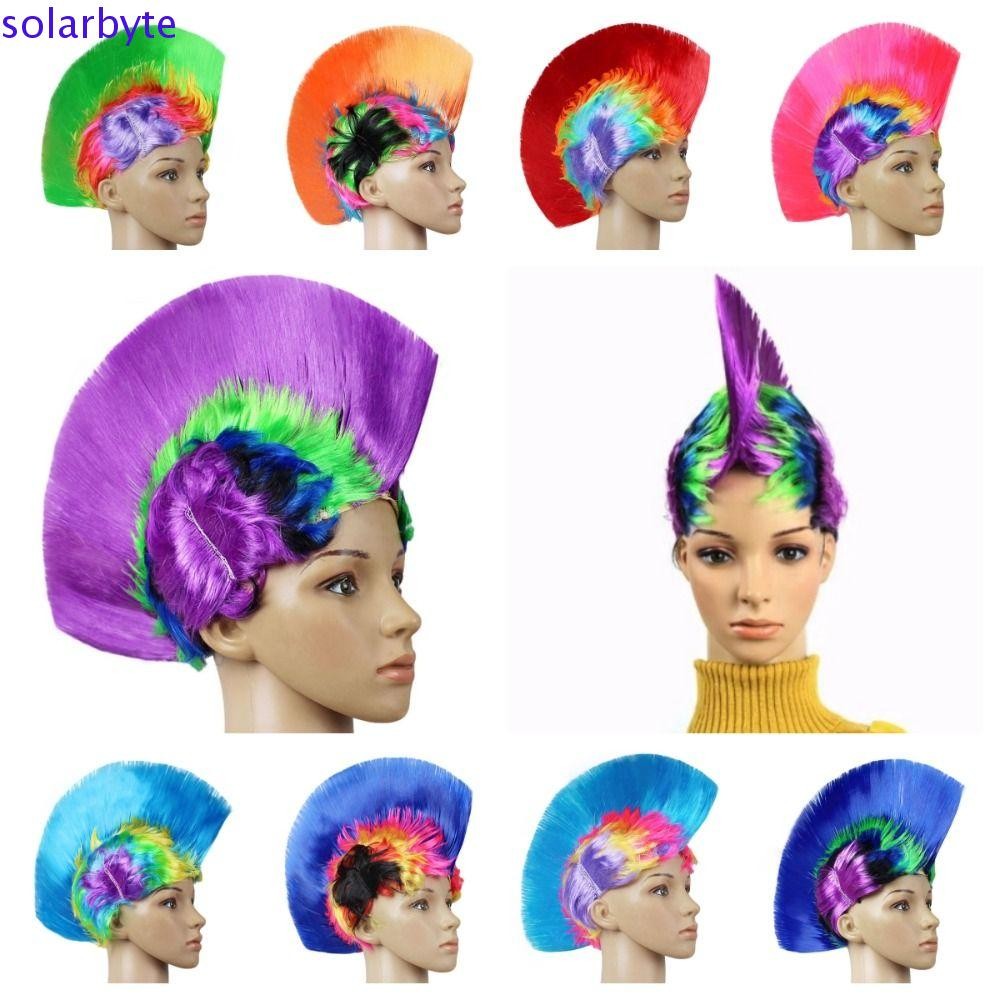 Solarbyte ตลกหงอนไก่, วิกผม Mohawk ปุยธรรมชาติ, แฟนตัวตลกดิสโก้ที่มองไม่เห็นสี Rainbow Punk วิกผมปาร์ตี้ฮาโลวีน