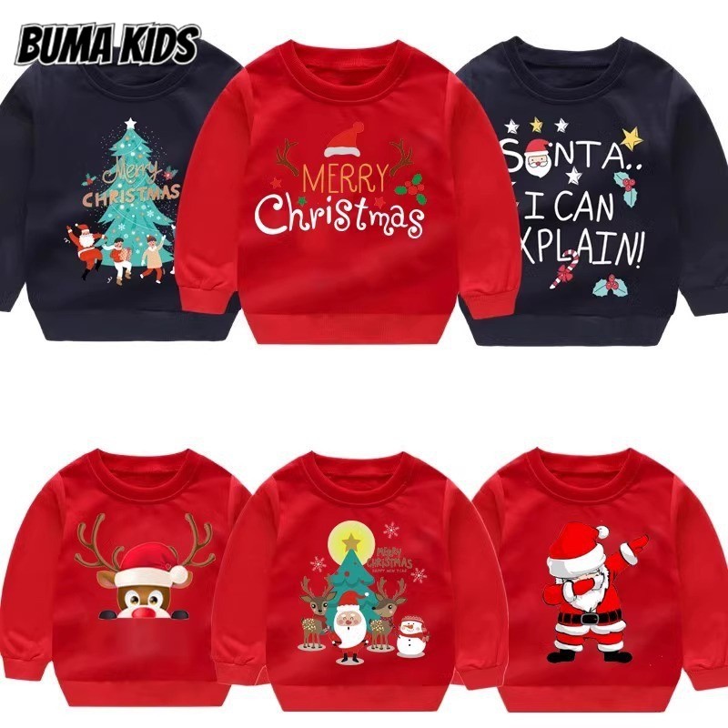 Buma KIDS เสื้อกันหนาวคริสต์มาส Merry Christmas Elk Snowman พิมพ์เด็กเสื้อลําลองรอบคออินเทรนด์