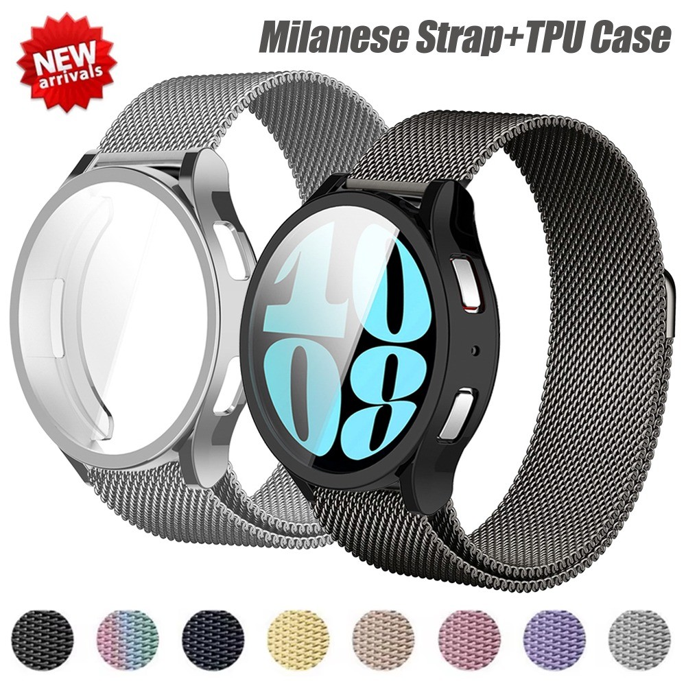 Milanese Loop Strap สําหรับ Samsung Galaxy Watch 7 6 5 4 44 40 มม.สร้อยข้อมือสแตนเลส + รวมทุกอย่างหน้าจอป้องกันกรณีอ่อนสําหรับนาฬิกา FE 40 มม.