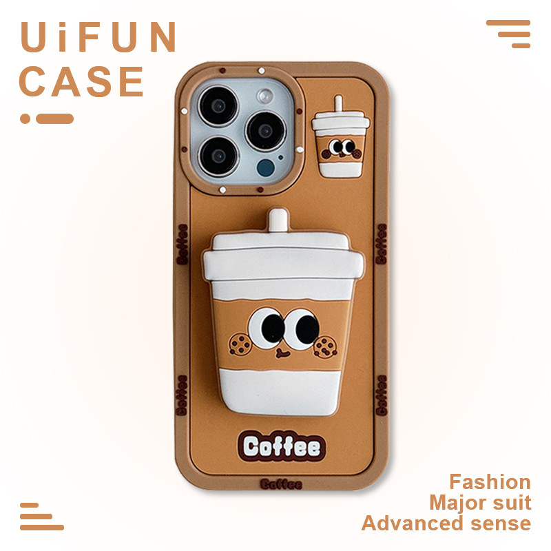 ตลกกาแฟ Scalable การ์ตูนผู้ถือขาตั้งเคสโทรศัพท์สําหรับ iPhone 16 15 14 13 12 Pro Max 16ProMax ซิลิโคน Anti-drop ป้องกันปกหลัง Shell