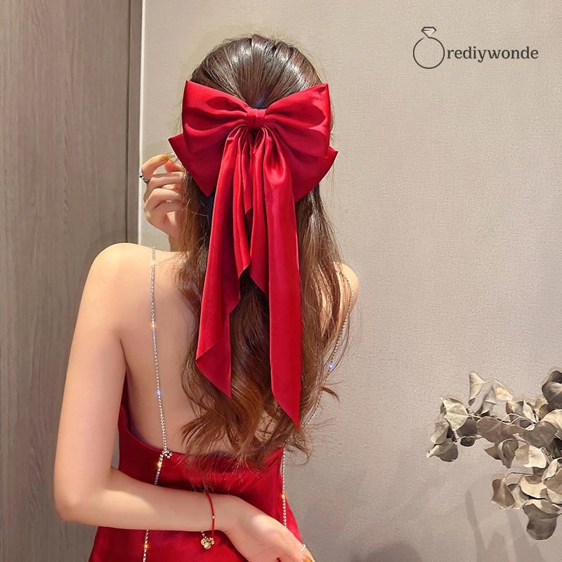 [ที่] สง่างามลําแสงสีแดงขนาดใหญ่โบว์ริบบิ้นกิ๊บสําหรับผู้หญิงแฟชั่นที่เรียบง่ายแข็งสาหางม้าโบว์กิ๊บสาวอุปกรณ์ผม ไทย