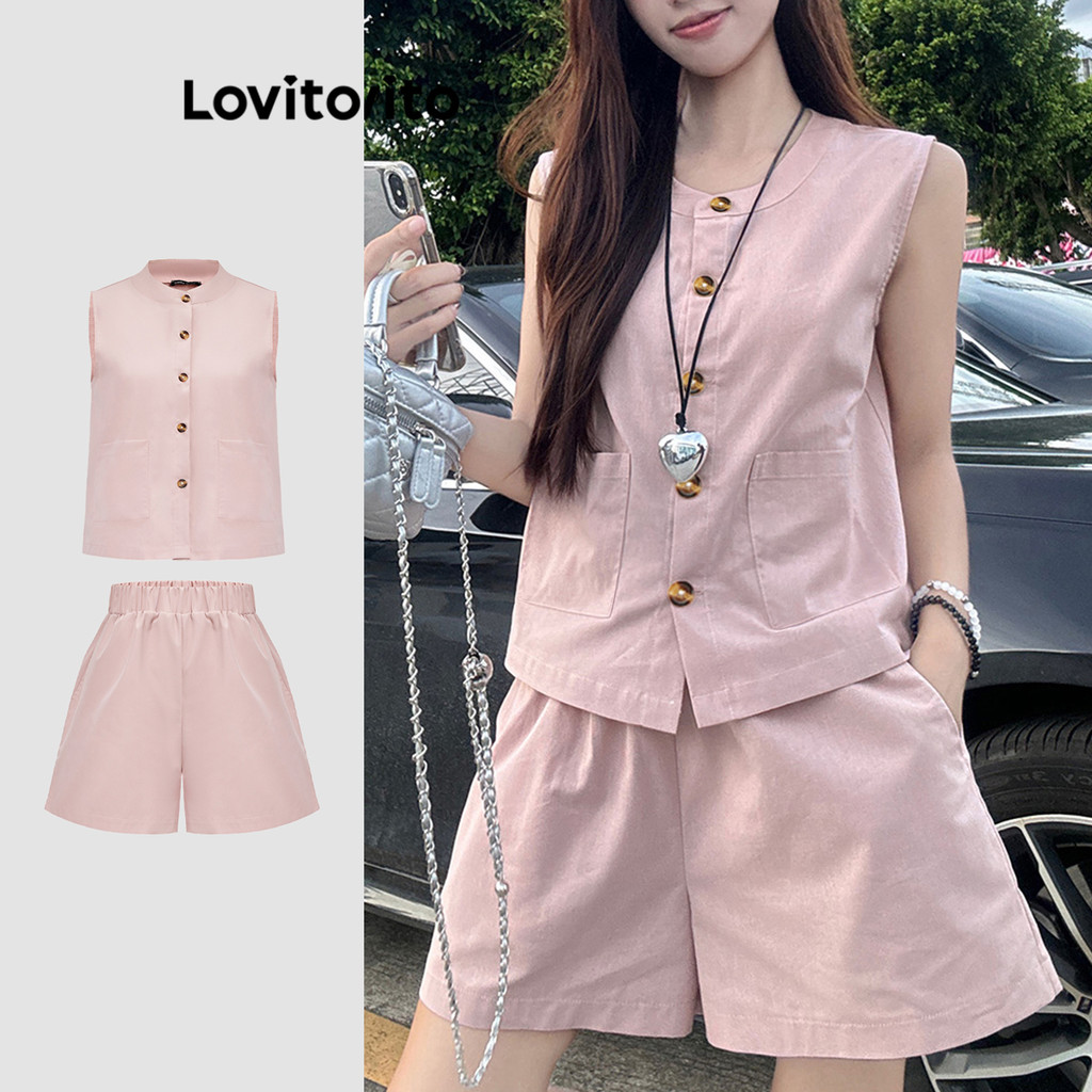 Lovito ชุดกางเกงขาสั้นปุ่มธรรมดาสบาย ๆ สำหรับผู้หญิง LNE72560