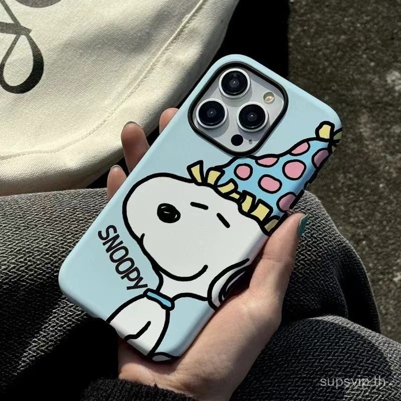 เคสโทรศัพท์มือถือสองชั้นหมวกวันเกิด Snoopy เคสป้องกันการตกหล่นสำหรับ iPhone 16 16PROMAX XR 11PROMAX 