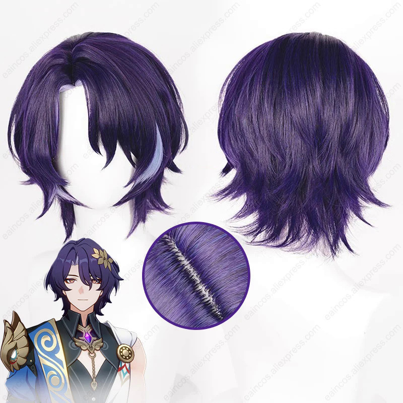 HSR Dr. Ratio Cosplay Wig 33cm Purple Mixed Color Wigs Heat Resistant Synthetic Hair