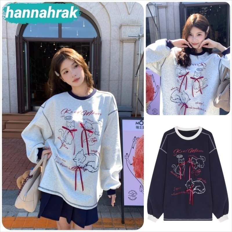 (ส่งจากกรุงเทพฯ)เสื้อสเวตเตอร์แขนยาวพิมพ์ลายโบว์แมวการ์ตูนสไตล์หวานและเผ็ดสไตล์เกาหลี