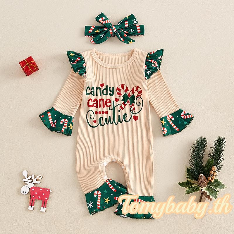Tomybaby-เด็กทารกคริสต์มาสตัวอักษร Candy Cane พิมพ์แขนยาว Jumpsuits + ที่คาดผมน่ารัก