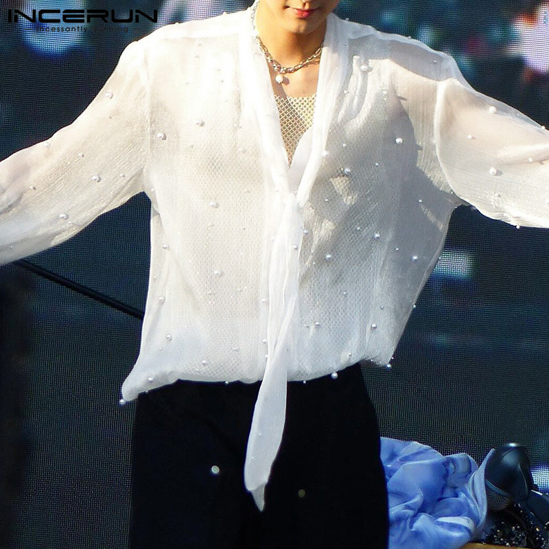 ไม่แน่นอน ผู้ชายแฟชั่นเกาหลีซีทรูเสื้อลําลองแขนยาวสีทึบ