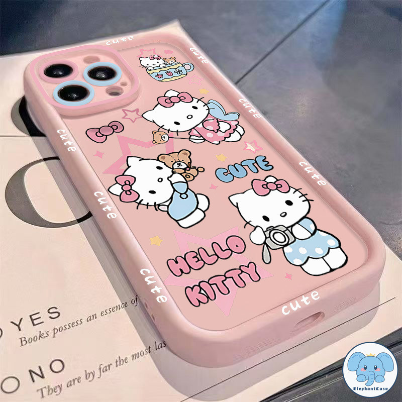 น่ารัก HelloKitty เข้ากันได้เคสไอโฟน 16 11 12 14 13 15 Pro Max 7Plus 16 6 8 7 6s Plus XR X XS Max SE โบว์สีชมพูดาวเคส