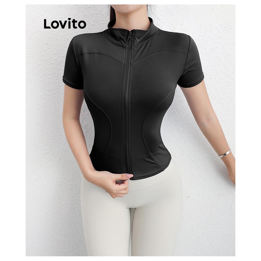 Lovito โครงสร้างซิปธรรมดาแบบสปอร์ตเสื้อยืดกีฬาสำหรับผู้หญิง LNL83152