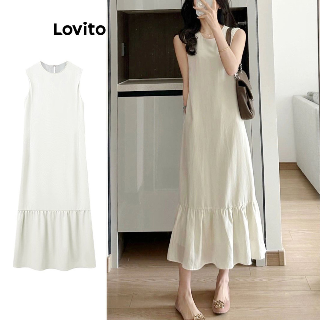 Lovito เดรสผู้หญิง ชายระบาย สีพื้น สไตล์ลำลอง LNE66494