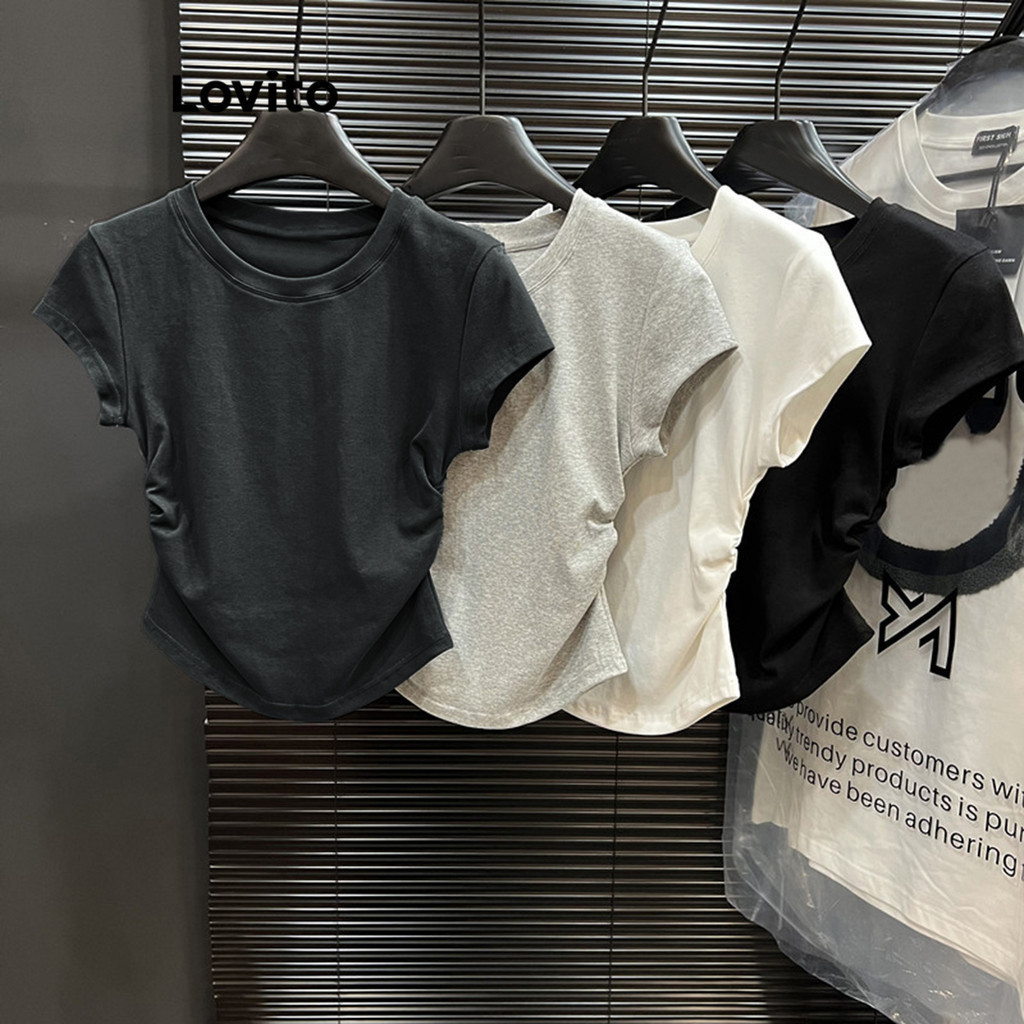 Lovito เสื้อยืดผู้หญิง แต่งจีบย่น สีพื้น สไตล์ลำลอง LNE35228 (หลากสี)
