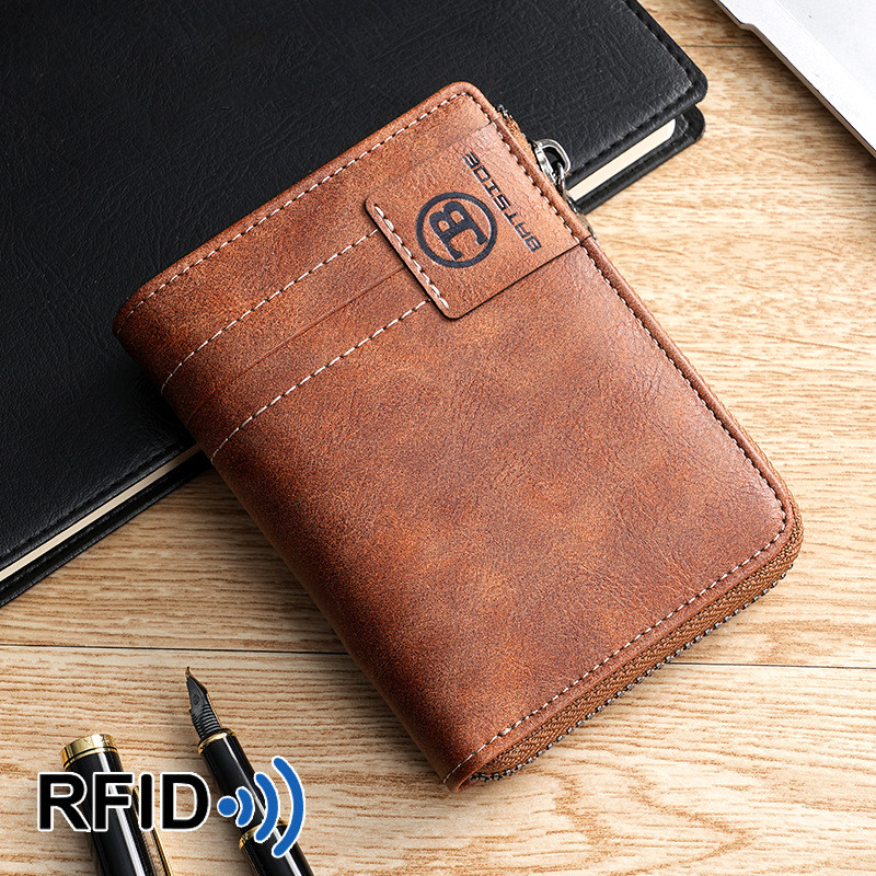 กระเป๋าสตางค์ผู้ชายซิปสั้น RFID สีน้ำตาลปั๊มร้อนแปรงป้องกันการโจรกรรม