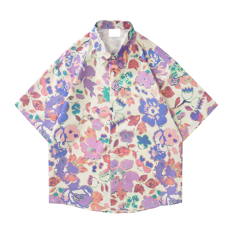 เสื้อเชิ้ตผู้หญิงแขนสั้นสไตล์ฮาวาย ลายดอกสีน้ำเงินม่วง thumbnail 9