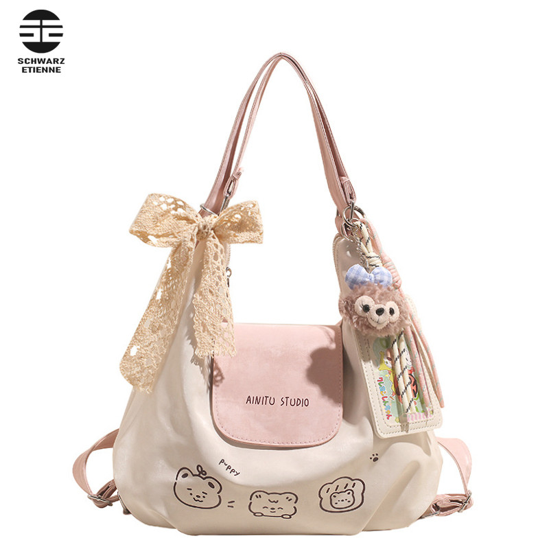 Schwarz ENTEN กระเป๋าสะพายไหล่ผู้หญิงลายการ์ตูนหวานแฟชั่น All-Match Bow Backpack