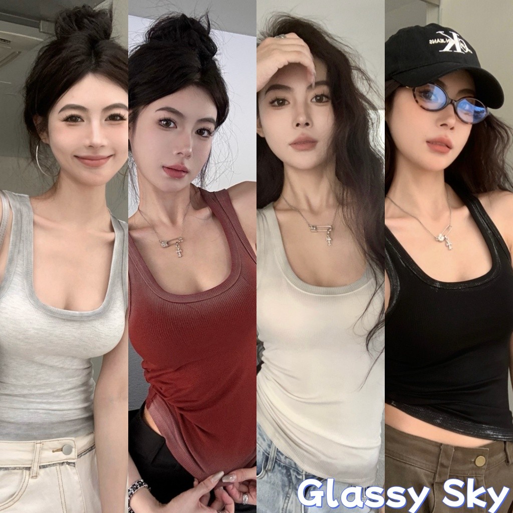 Glassy Sky 💖พร้อมส่ง💖 เสื้อกล้ามคอกลม เสื้อกล้าม มีฟองน้ำ ดีดีเทลผ้าเล็ก แต่งไล่สี (FY723-P)