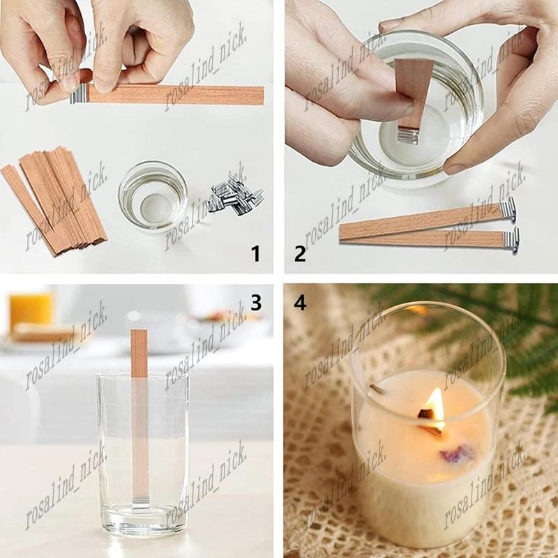 [Rosalind_Nick]100 ชุดเทียนไส้ตะเกียง 0.5X5.12 นิ้วไส้ตะเกียงไม้ธรรมชาติสําหรับทําเทียน, เทียน DIY Wick Smokeless Wood Wicks คลิปฐาน - รูปที่ 2