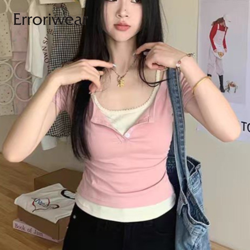 Erroriwear ผู้หญิงแฟชั่น 2025 เสื้อยืด Halter แขนสั้น Contrast สีSlim สタイル